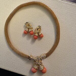 Vintage Gold Mesh, Coral & Rhinestone Earring & Necklace Set